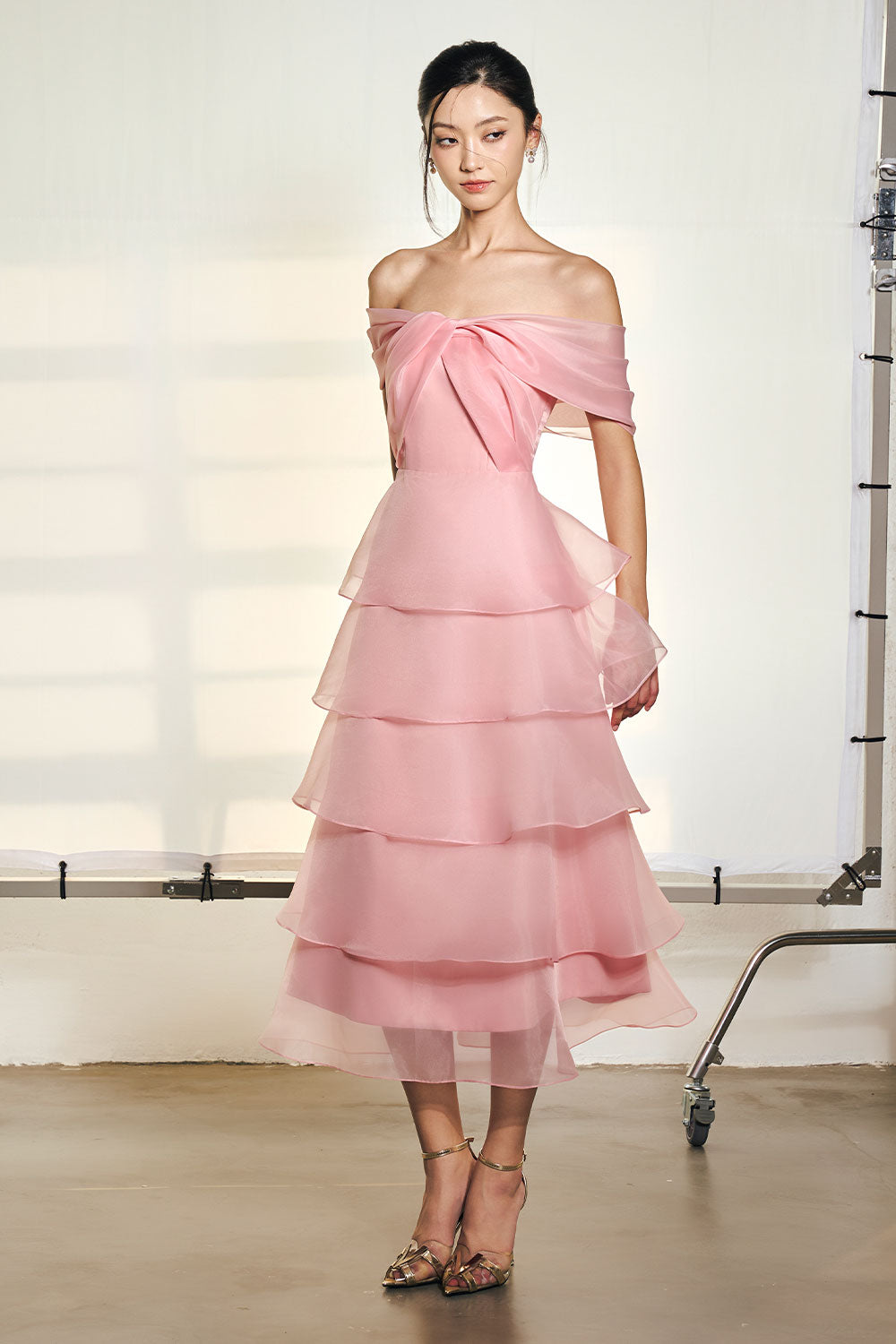 Women's Lisa Layered Off-Shoulder Organza Midi Dress S/M/L/Customize Pink Mean Blvd Pink / Customize Women's Lisa Layered Off-Shoulder Organza Midi Dress S/M/L/Customize Pink Mean Blvd Pink / Customize
