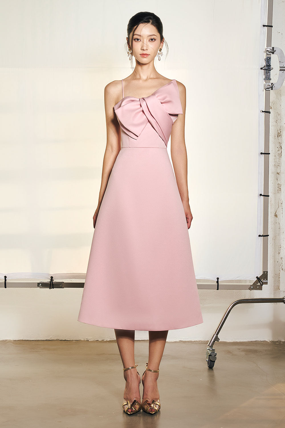 Women's Rina A-line Tie Neck Polyester Midi Dress S/M/L/Customize Pink MEAN  BLVD