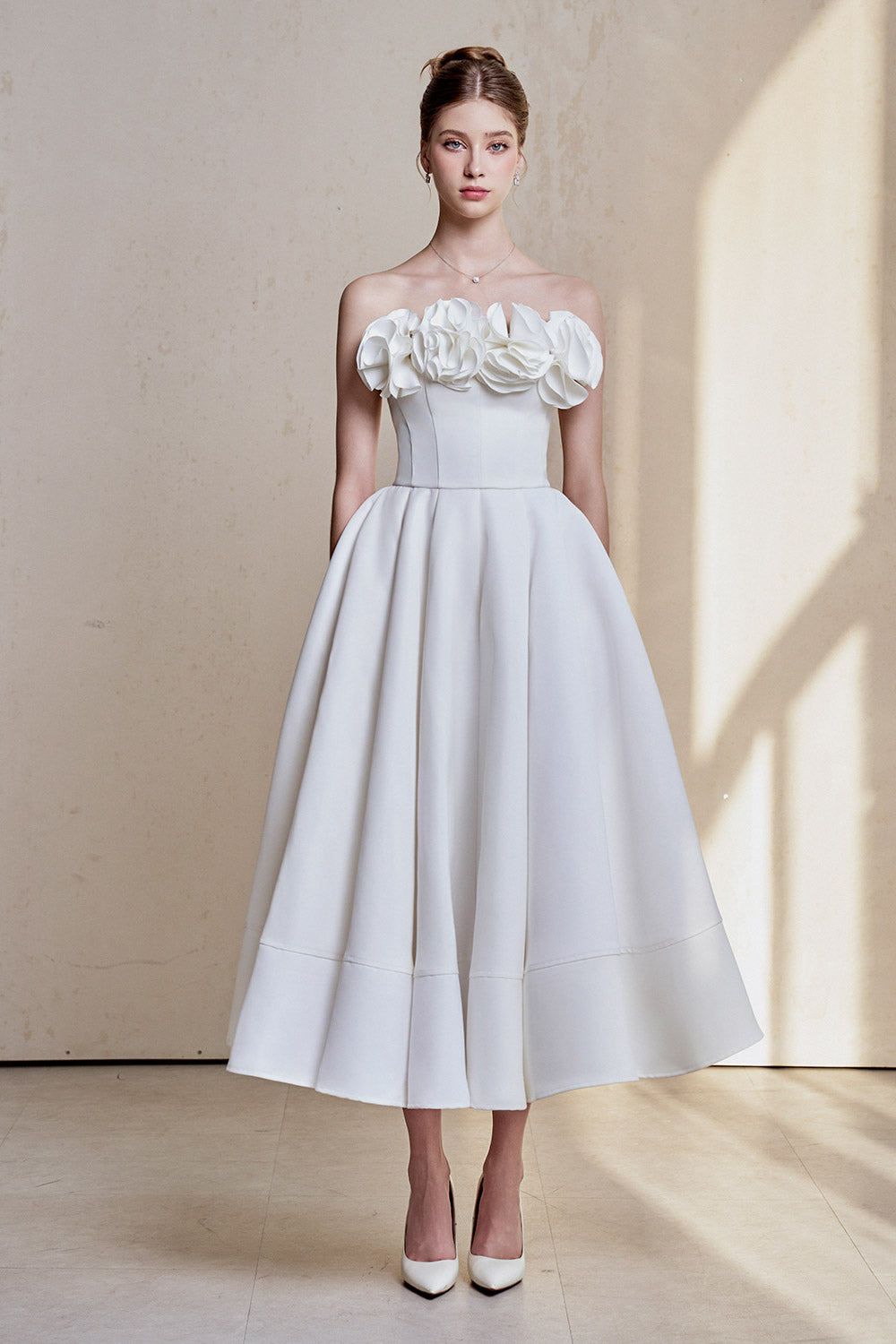 flower fit and flare dress Women's Peony Fit and Flare Flower Applique Taffeta Cotton Midi Dress S/M/L/Customize White MEAN BLVD White / S
