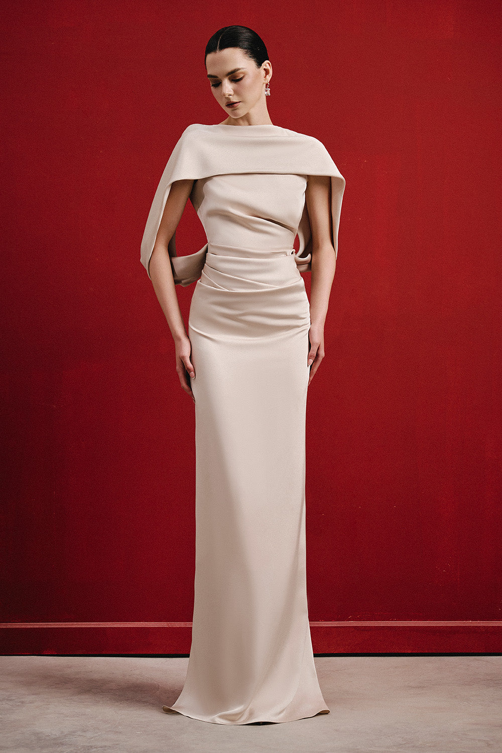 Women's Bancha Sheath Cape Sleeved Silk Satin Floor Length Dress Customize Beige MEAN BLVD