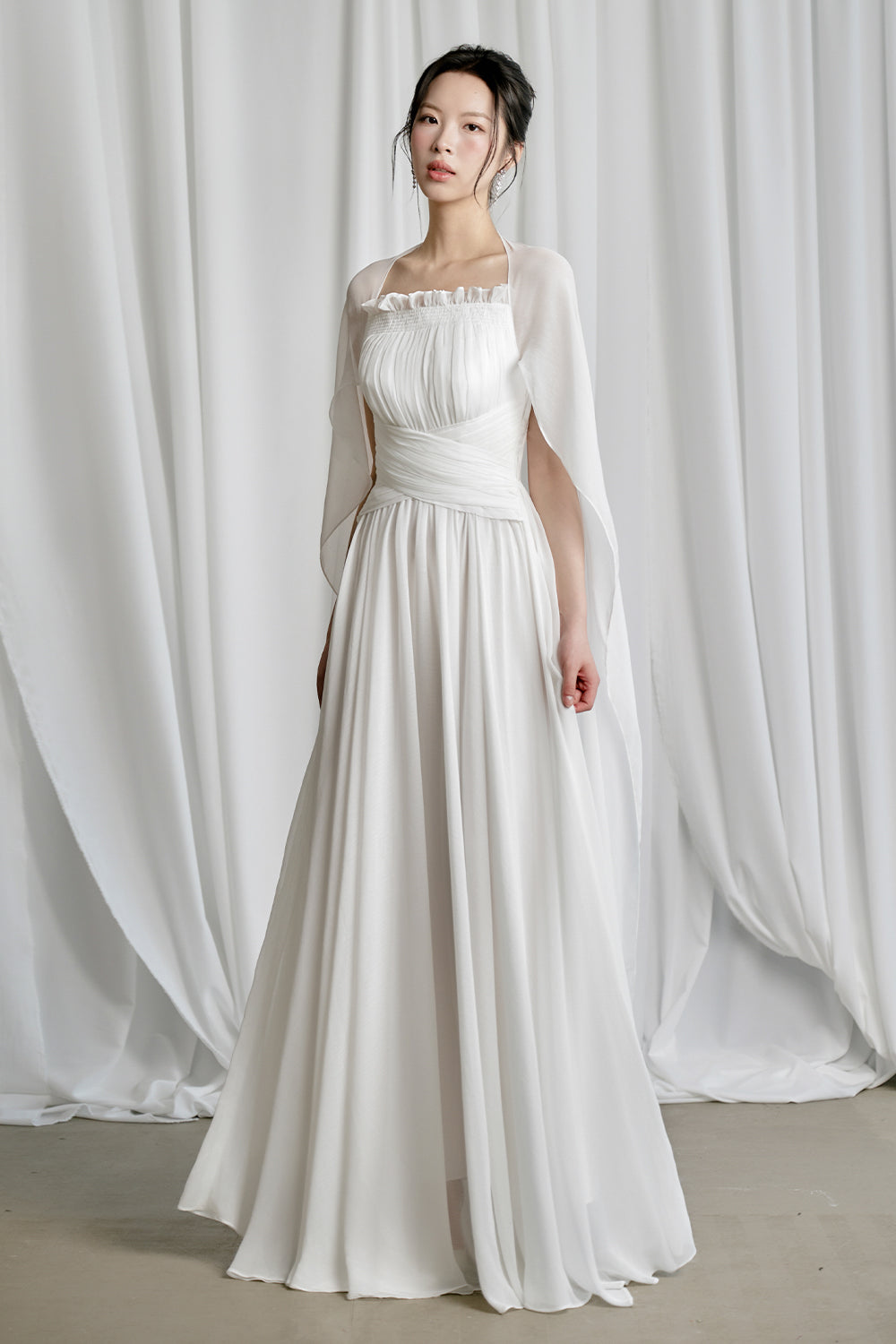 Women's Kyra A-line Cape Sleeved Crinkle Chiffon Maxi Dress S/M/L/Customize White MEAN BLVD Women's Kyra A-line Cape Sleeved Crinkle Chiffon Maxi Dress S/M/L/Customize White MEAN BLVD