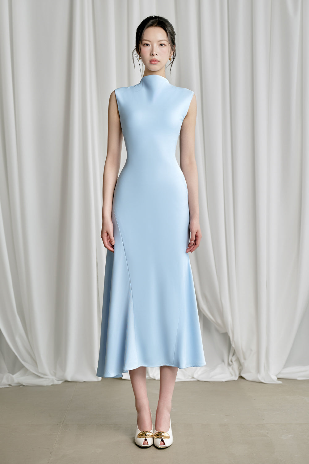 Women's Inez A-line Sleeveless Viscose Midi Dress S/M/L/Customize Black/Baby Blue MEAN BLVD Women's Inez A-line Sleeveless Viscose Midi Dress S/M/L/Customize Black/Baby Blue MEAN BLVD