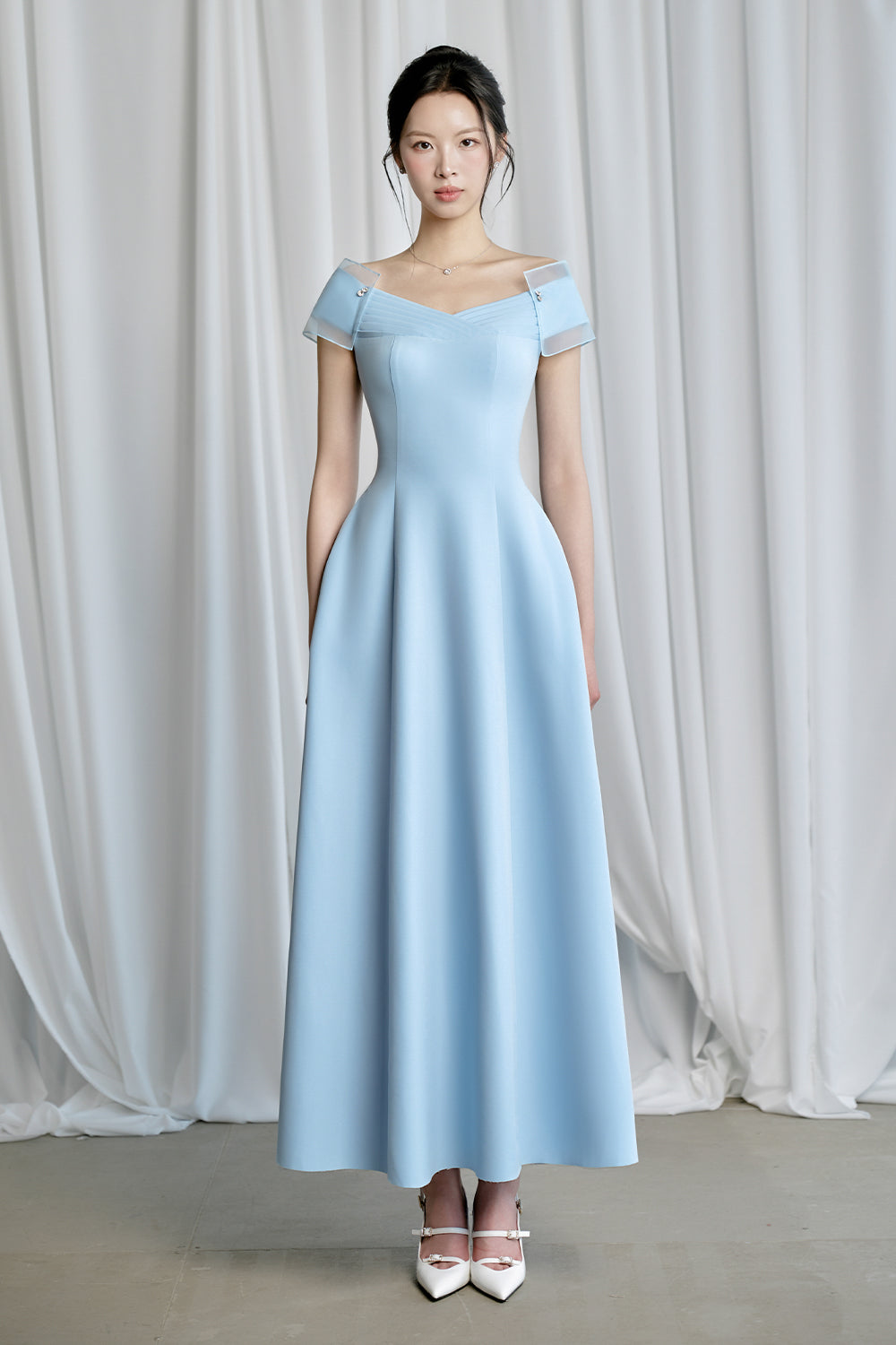 knee length dresses for ladies SERENA Fluted Sleeve Micro Shell Button Midi Dress in Light Blue