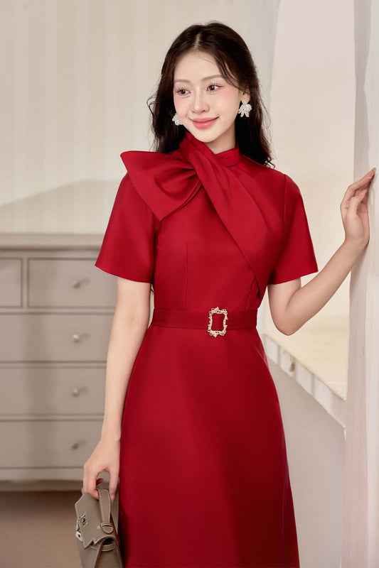 Chrison A-line Tie Neck Taffeta Midi Dress