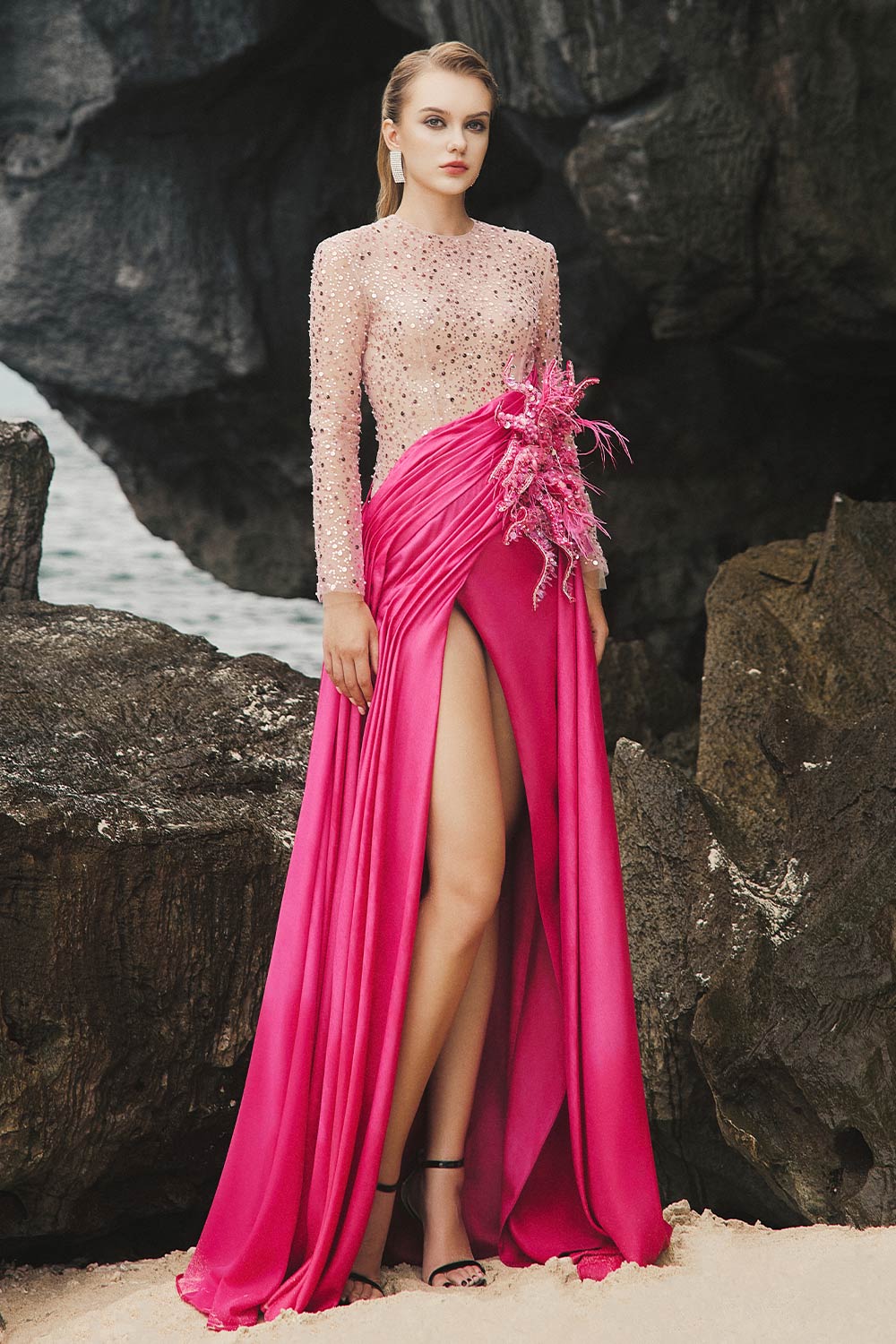 Women's Ila Slit Sequin Duchess Satin Floor Length Dress XS/S/M/L/XL/XXL/Customize/Fuchsia/MEAN Blvd Fuchsia / L