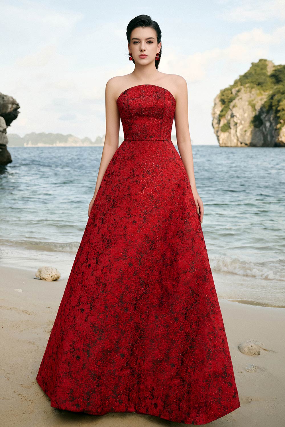 angelique satin maxi dress Women's Angelique A-line Curved Neck Brocade Floor Length Dress XS/S/M/L/XL/XXL/Customize/Red/MEAN BLVD Red / S
