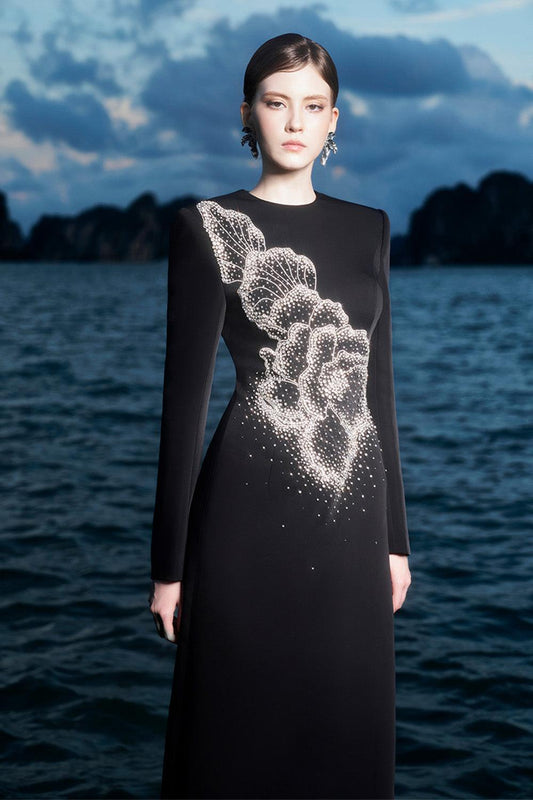 Garza A-line Round Neck Crepe Floor Length Dress