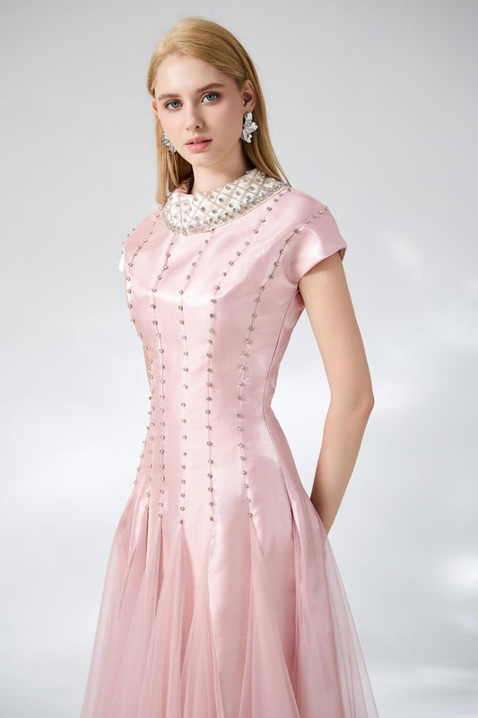 Crane Gored Stone Mesh Silk Floor Length Dress