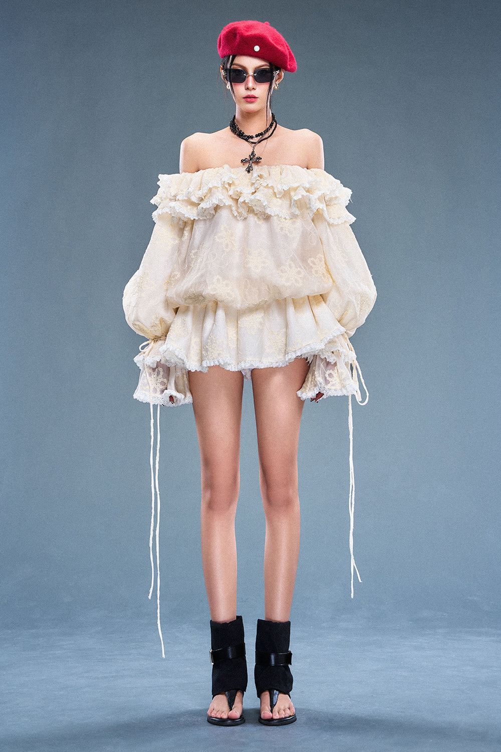 Women's Veil Blouson Ruffle Mini Dress S/M/L Ivory Cream Floral MEAN BLVD