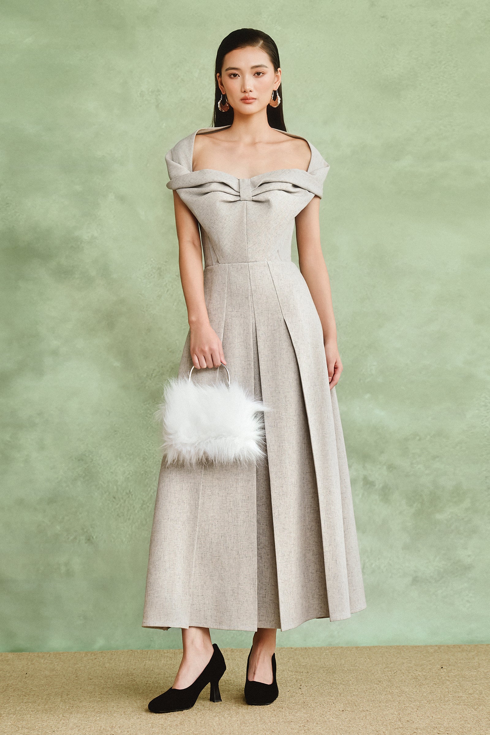 knee length dresses for ladies Women's Venice Off-Shoulder Pleated Midi Dress S/M/L/Customize Light Gray  MEAN BLVD