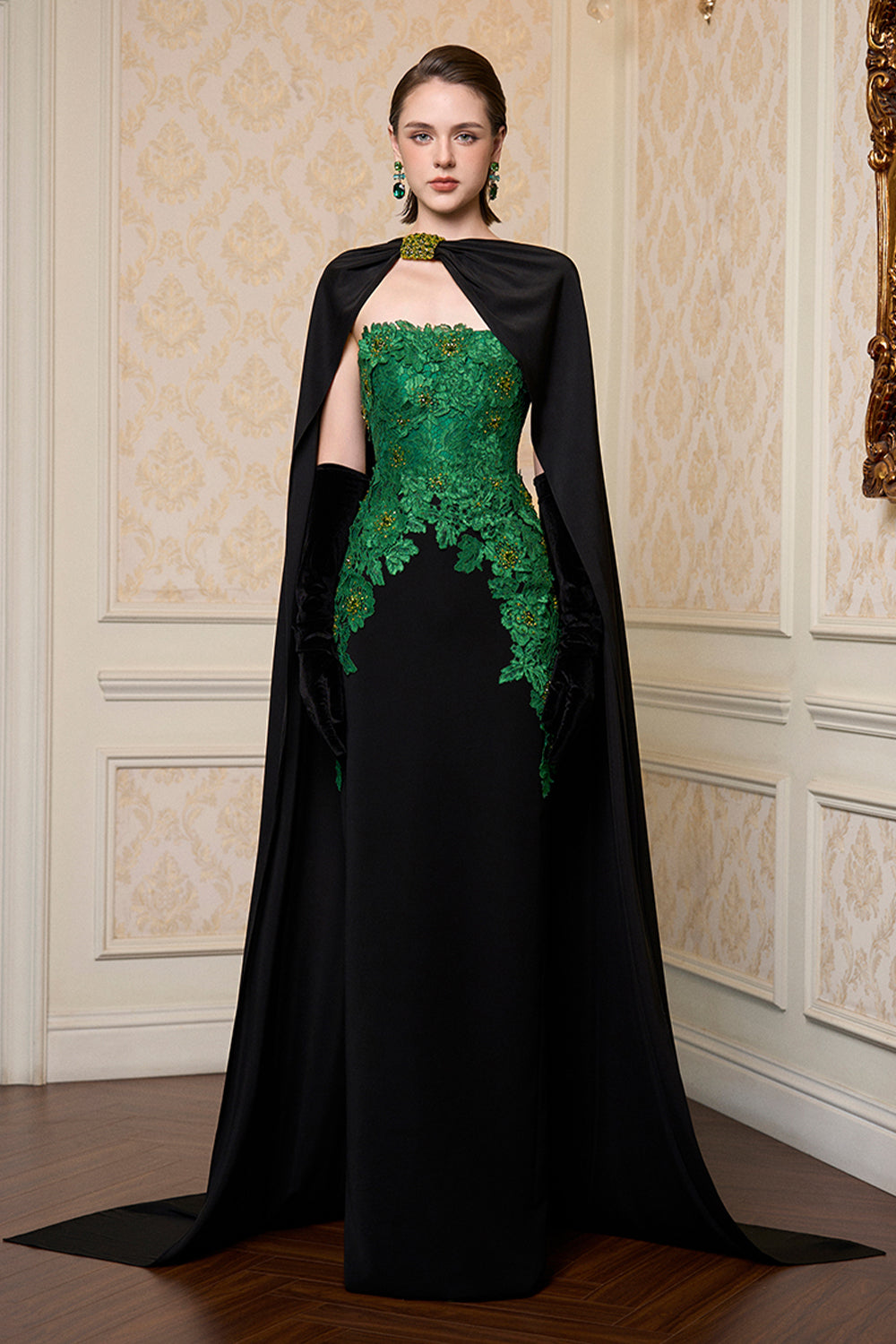 Women's Vivienne Cape Sleeve Maxi Dress Black & Emerald XS/S/M/L/XL/XXL/Customize MEAN BLVD, Black & Emerald / XS