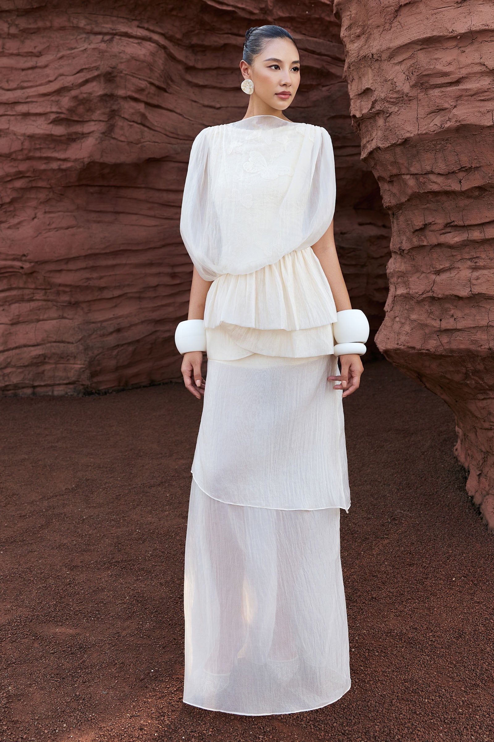 Women's Voilea Boat Neck Maxi Dress Cream White S/M/L/Customize MEAN BLVD