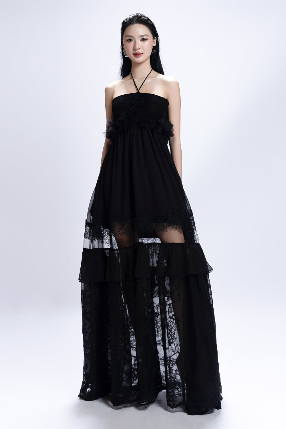 Women's Zelia Halter Ruffle Maxi Dress S/M/L/XL/XXL/Customize Black MEAN BLVD Black / XXL Women's Zelia Halter Ruffle Maxi Dress S/M/L/XL/XXL/Customize Black MEAN BLVD Black / XXL