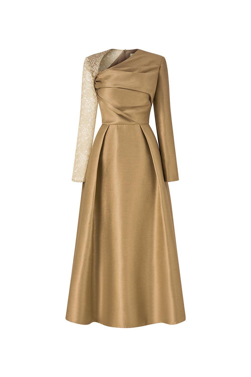 Women's Aarina Fit and Flare Asymmetric Neck Taffeta Midi Dress S/M/L Golden Brown/Rose Pink Mean Blvd Golden Brown / M Women's Aarina Fit and Flare Asymmetric Neck Taffeta Midi Dress S/M/L Golden Brown/Rose Pink Mean Blvd Golden Brown / M