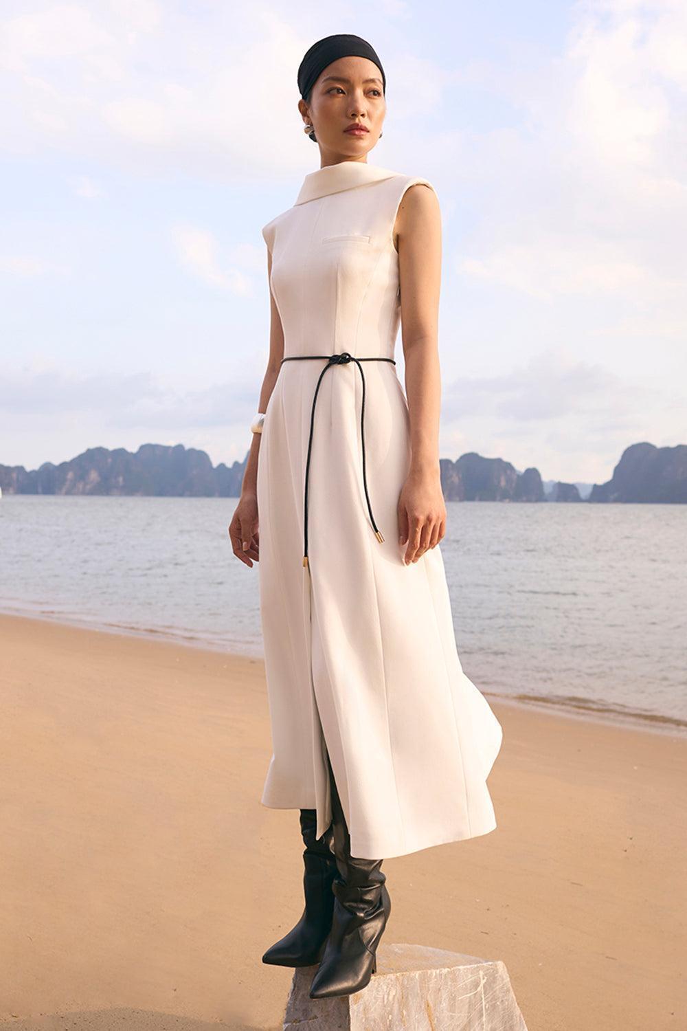 abigail midi dress Women's Abigail A-line Sleeveless Crepe/Wool Midi Dress S/M/L White/Golden Sand MEAN BLVD M / Golden Sand
