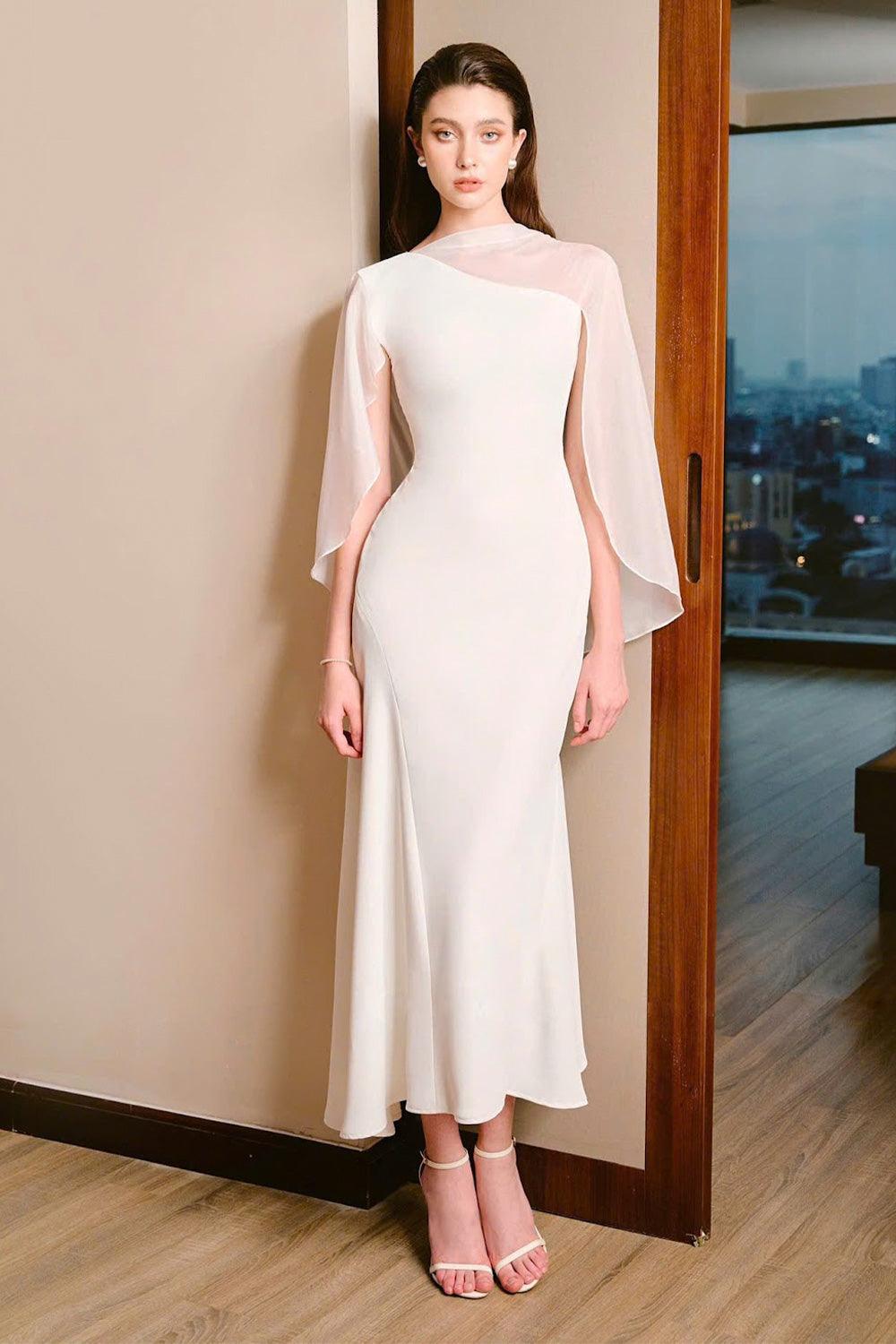 Women's Abigail Trumpet Cape Sleeved Twill Midi Dress S/M/L/Customize White MEAN BLVD White / M Women's Abigail Trumpet Cape Sleeved Twill Midi Dress S/M/L/Customize White MEAN BLVD White / M
