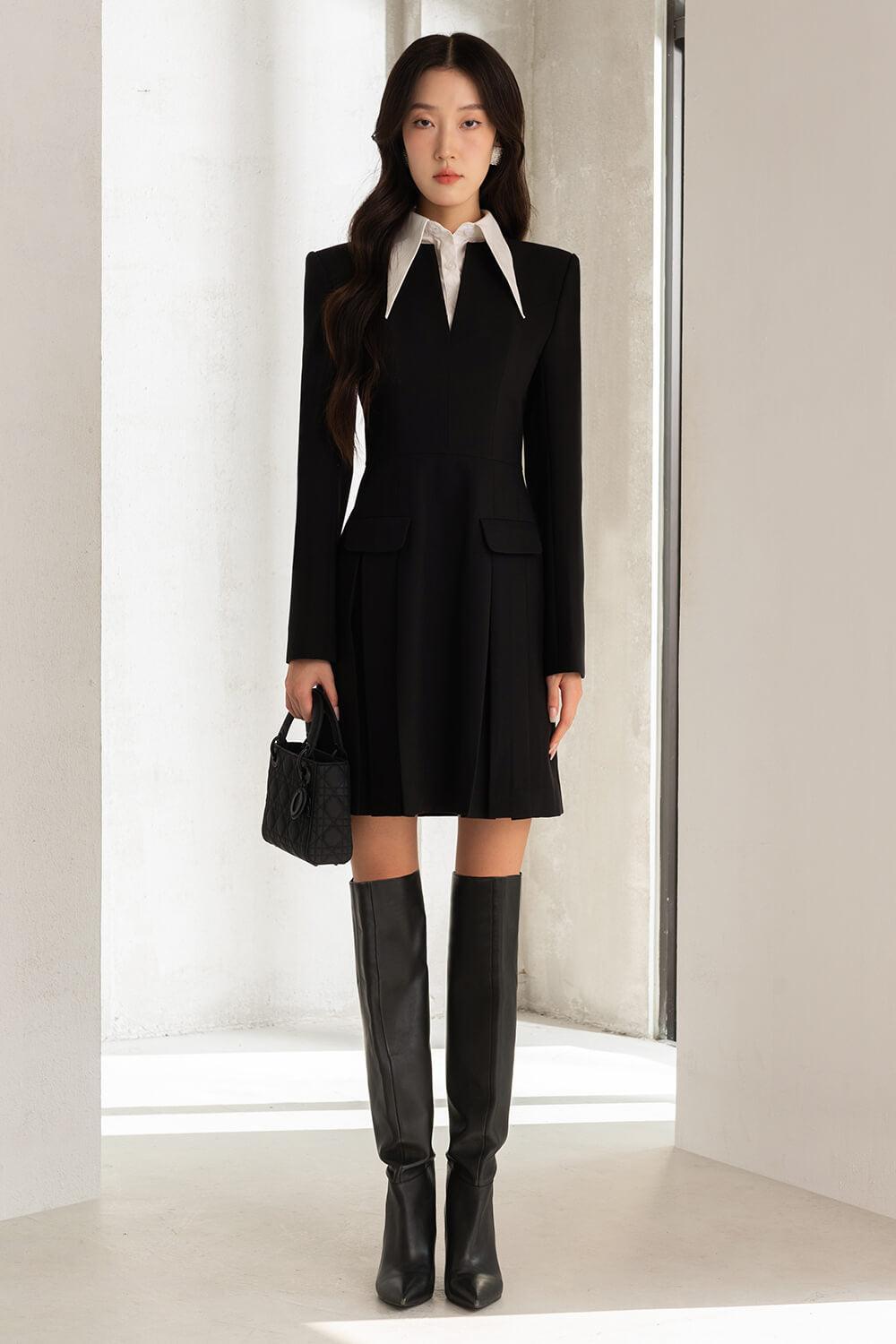 adalyn mini dress Women's Adalyn A-line Collared Neck Twill Mini Dress S/M/L Black MEAN BLVD S / Black