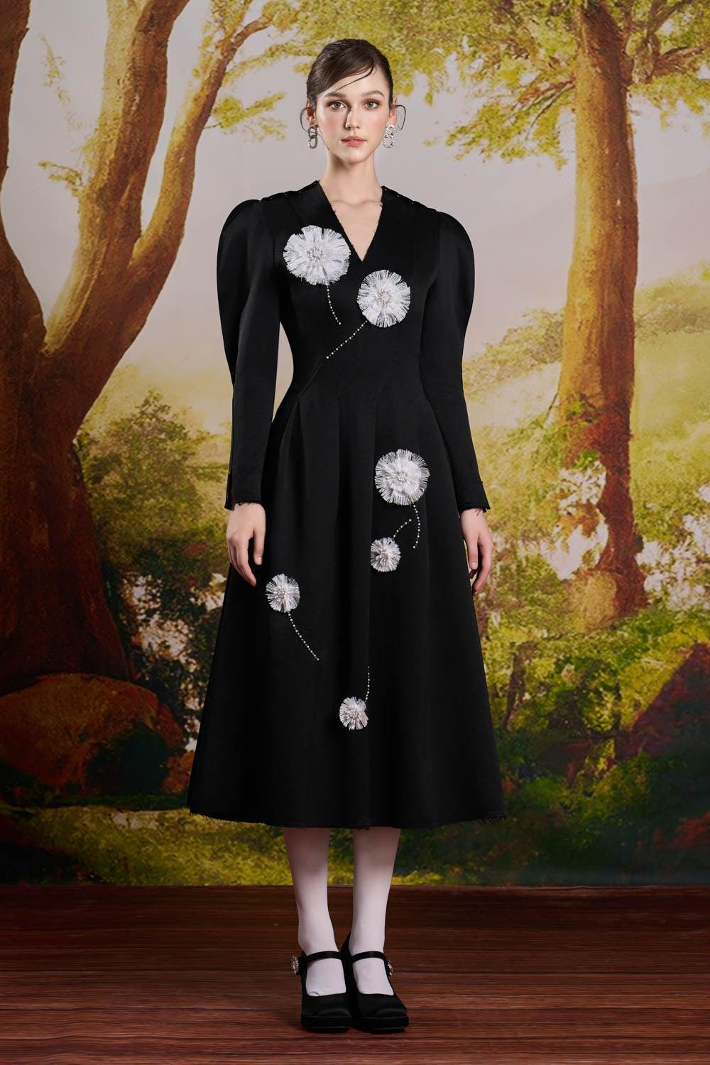adela midi dress Women's Adela A-line Leg Of Mutton Sleeved Taffeta Midi Dress S/M/L Black MEAN BLVD Black / M