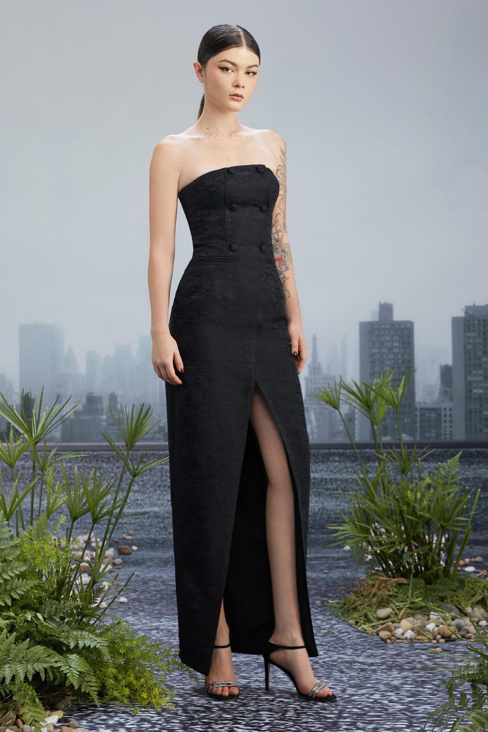 black straight dress Women's Aerith Slit Straight Across Neck Brocade Floor Length Dress 0/1/2 Black MEAN BLVD Black / Customize