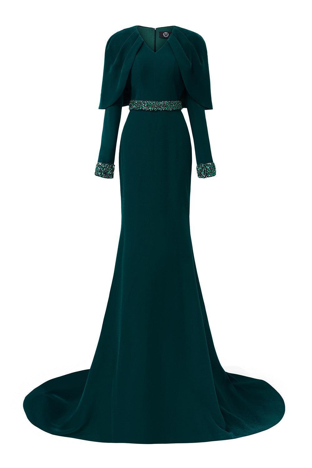 Women's Ailani Mermaid Cape Shoulder Crepe Extra Long Length Dress XS/S/M/L/XL/XXL/Customize Dark Green MEAN BLVD Dark Green / S Women's Ailani Mermaid Cape Shoulder Crepe Extra Long Length Dress XS/S/M/L/XL/XXL/Customize Dark Green MEAN BLVD Dark Green / S
