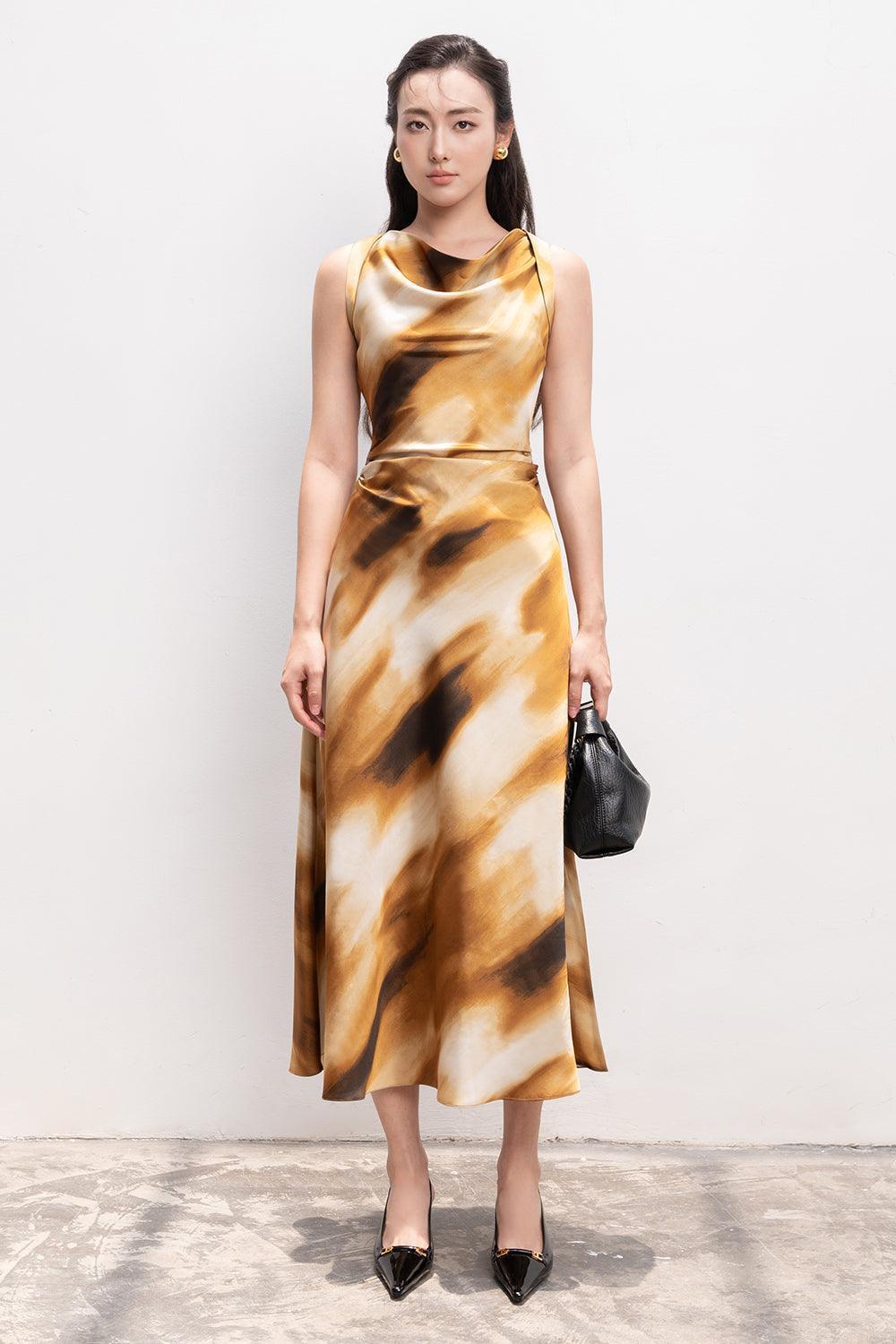 Gold silk fashion midi dress