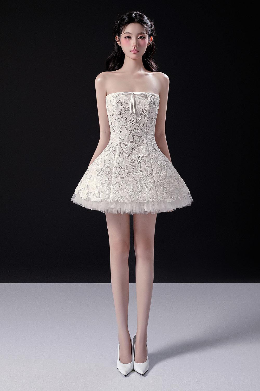 chinese dress ladies Women's Aimee Bouffont Straight Across Neck Lace Mini Dress XS/S/M/L/Customize White Mean Blvd White / L