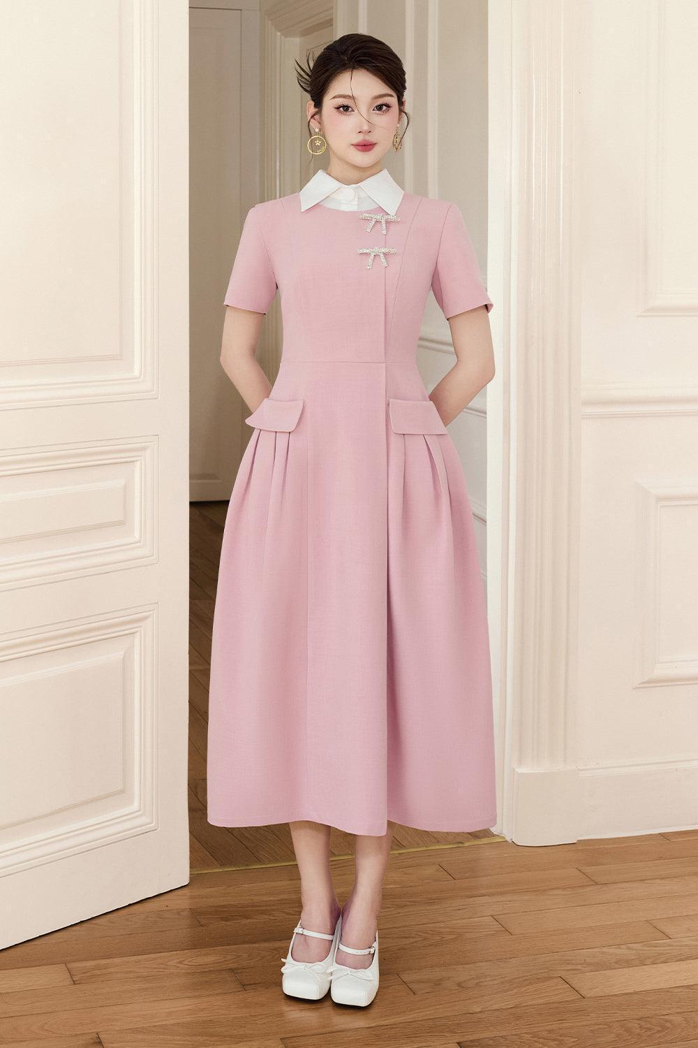 Women's Aimi A-line Collared Neck Linen Cotton Midi Dress S/M/L Pink MEAN BLVD, Pink / S