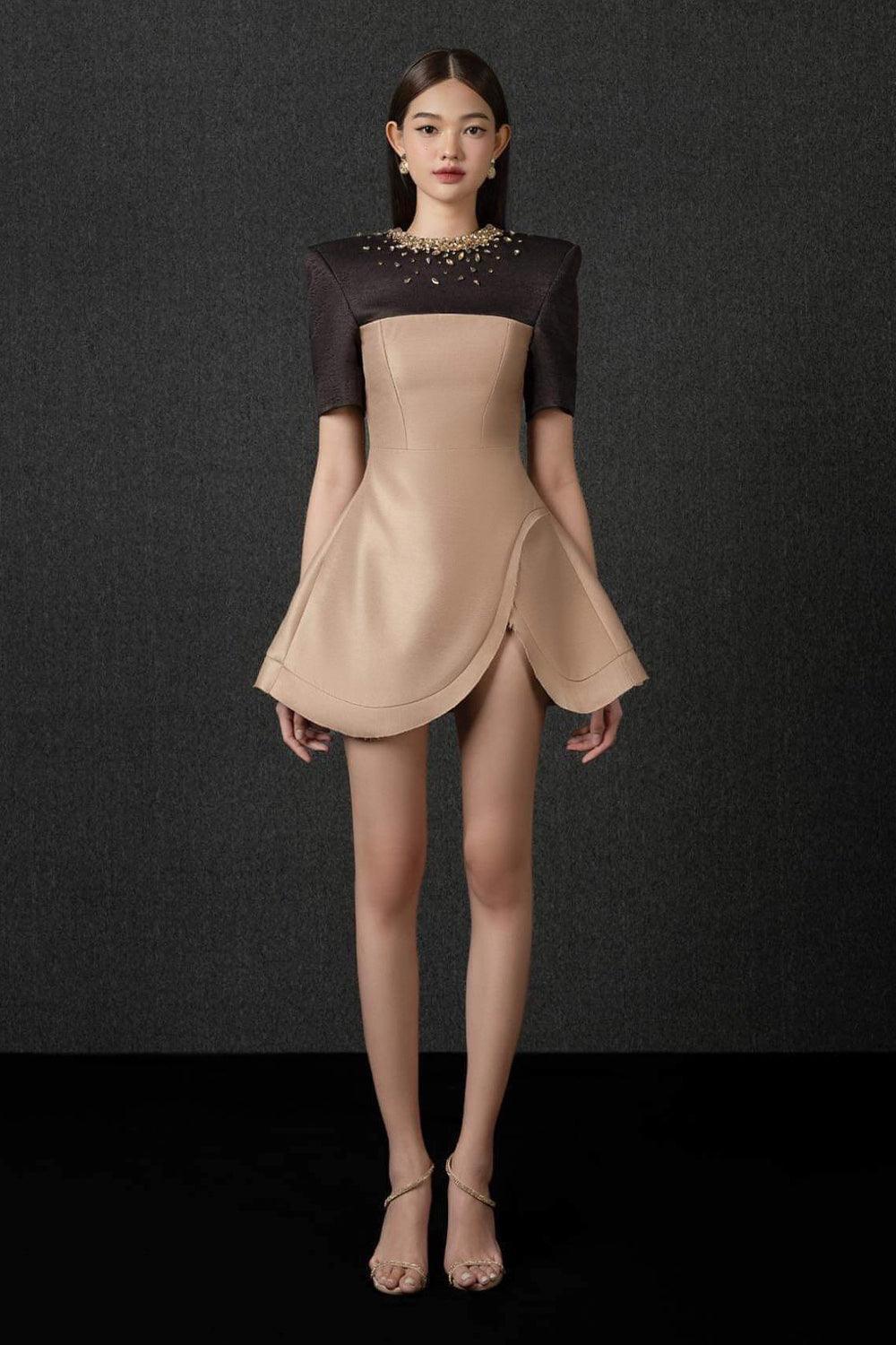 Women's Ainsley Fit and Flare Round Neck Taffeta Mini Dress XS/S/M/L Brown MEAN BLVD Brown / M Women's Ainsley Fit and Flare Round Neck Taffeta Mini Dress XS/S/M/L Brown MEAN BLVD Brown / M