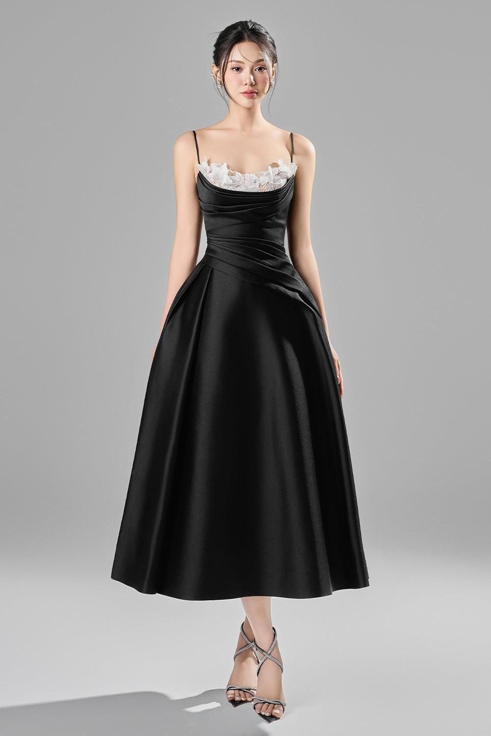 Women's Alessa Fit and Flare Spaghetti Strap Taffeta Midi Dress XS/S/M/L/XL Black Mixed Lace Mean Blvd Black / Xs Women's Alessa Fit and Flare Spaghetti Strap Taffeta Midi Dress XS/S/M/L/XL Black Mixed Lace Mean Blvd Black / Xs