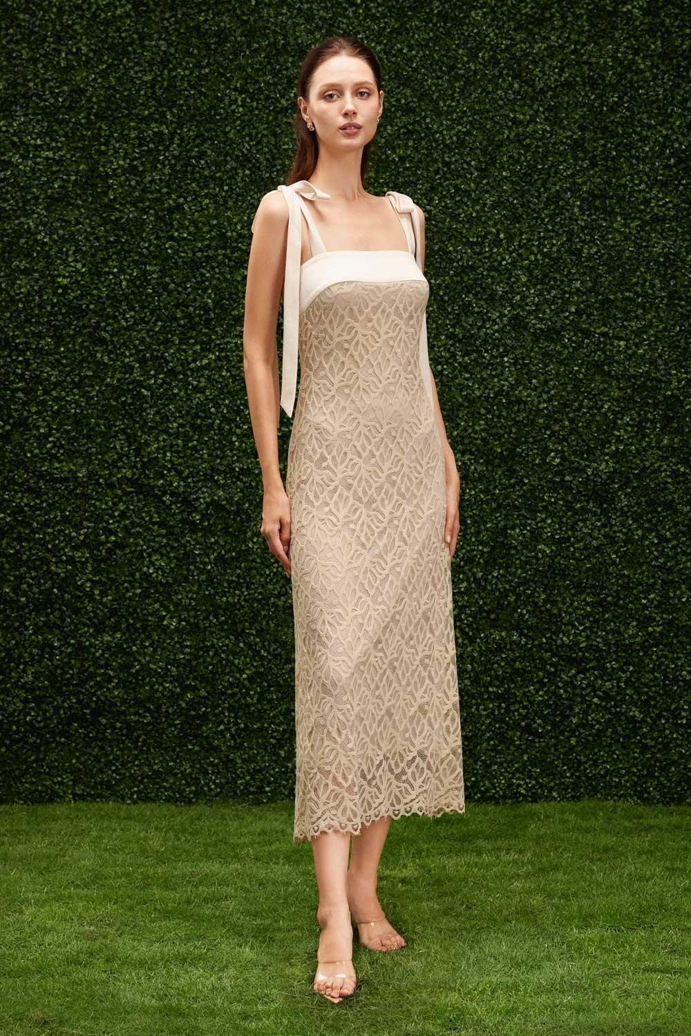 alexis midi dress for spring Women's Alexis Sheath Ribbon Lace Midi Dress XS/S/M/L/Customize Beige MEAN BLVD Beige / XS