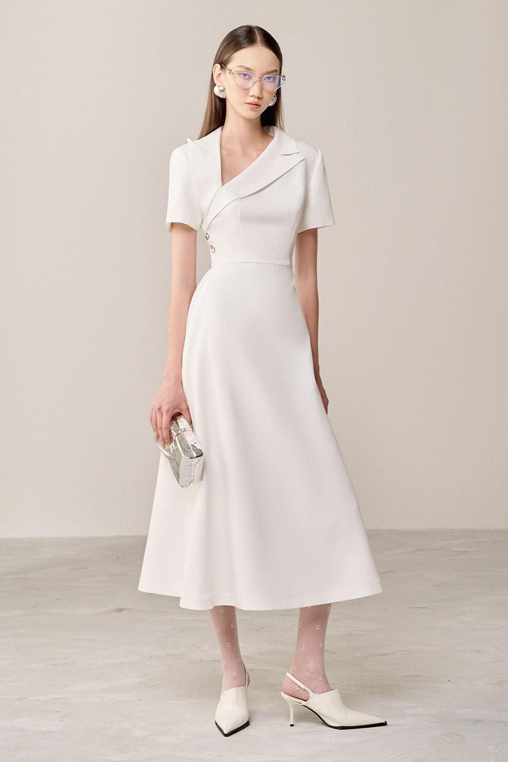 Women's Alin A-line Diagonal Neck Polyester Midi Dress S/M/L/Customize White MEAN BLVD Women's Alin A-line Diagonal Neck Polyester Midi Dress S/M/L/Customize White MEAN BLVD