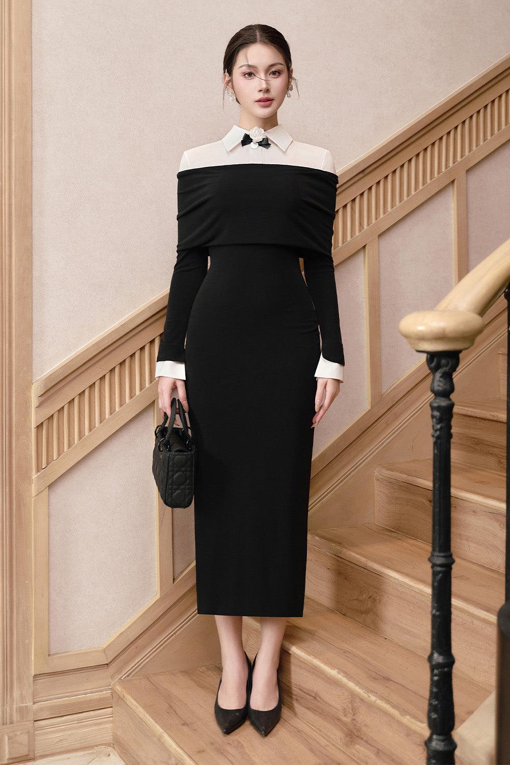 collared black midi dress Women's Amanda Sheath Collared Neck Spandex Midi Dress S/M/L/Customize Black and White MEAN BLVD Black and White / Customize