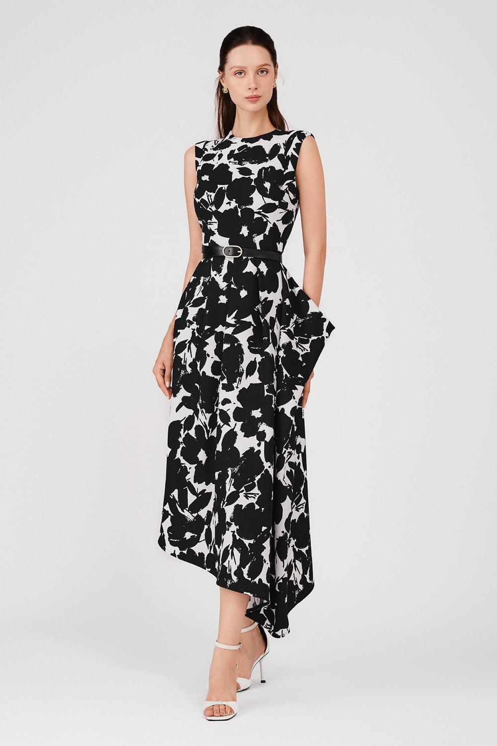 amaya midi dress Women's Amaya Asymmetric Pleated Poly Silk Midi Dress XS/S/M/L/Customize Black Floral MEAN BLVD S / Black / Floral