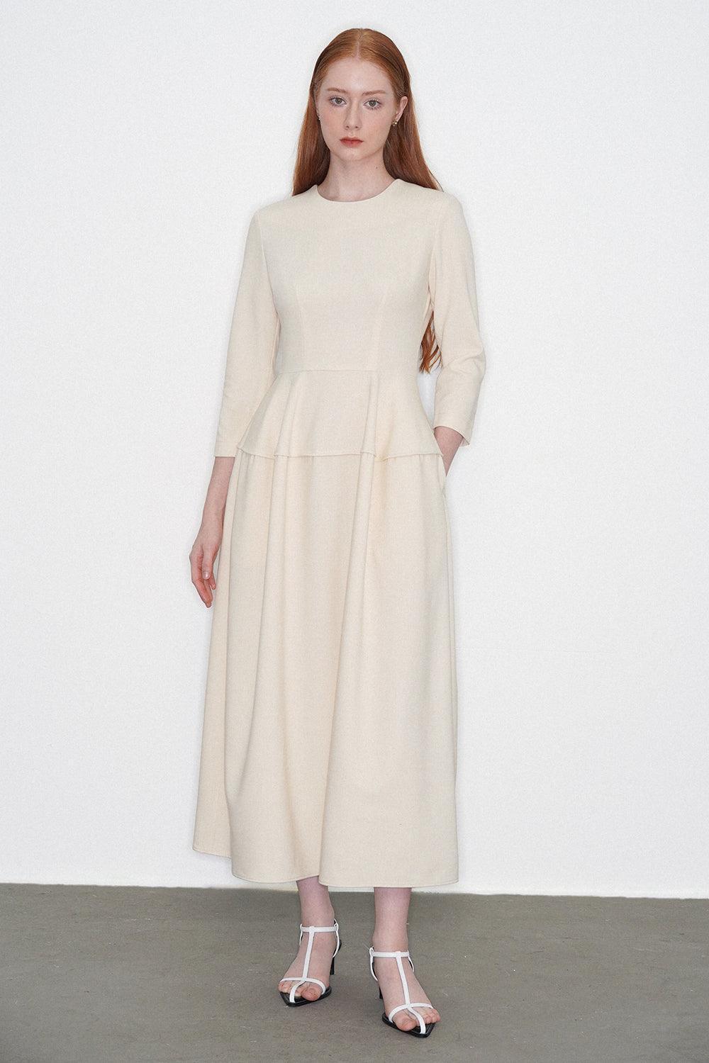 Women's Amelia A-Line 3/4 Sleeved Polycotton Midi Dress S/M/L Cream/Light Brown Mean Blvd S / Cream Women's Amelia A-Line 3/4 Sleeved Polycotton Midi Dress S/M/L Cream/Light Brown Mean Blvd S / Cream