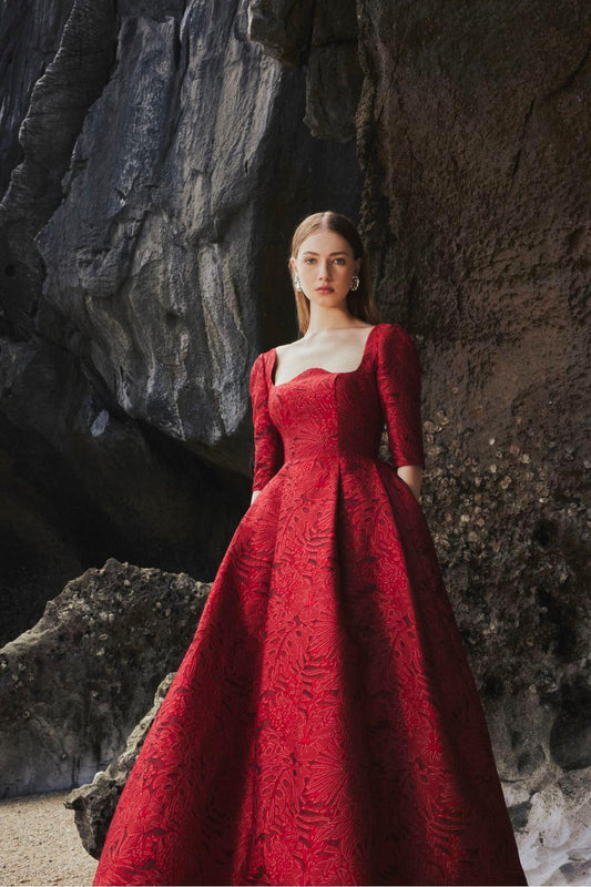 Amelia Ball Gown Curved Neck Brocade Maxi Dress - MEAN BLVD