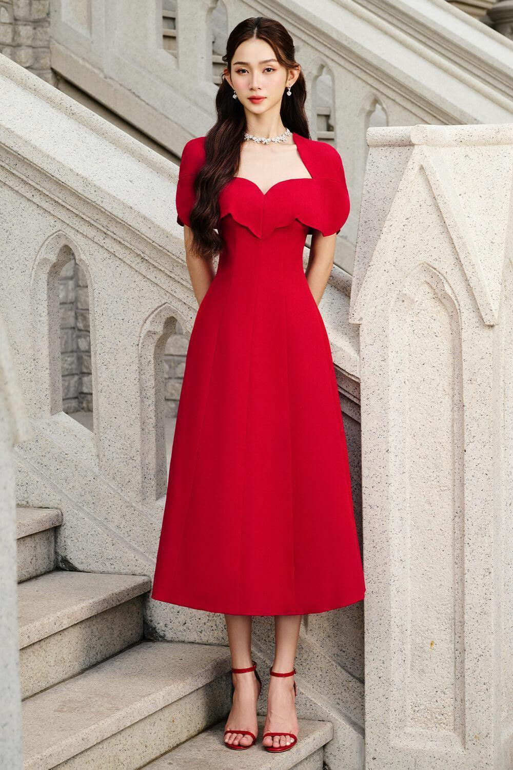 Women's Amore A-line Queen Anne Neck Silk Crepe Midi Dress S/M/L Red MEAN BLVD S / Red Women's Amore A-line Queen Anne Neck Silk Crepe Midi Dress S/M/L Red MEAN BLVD S / Red