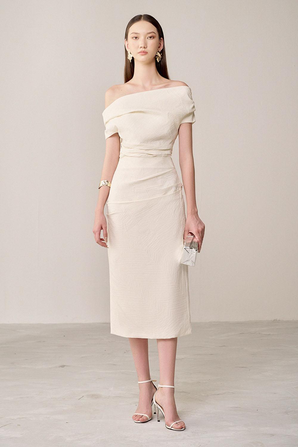 Women's Amyral Sheath Asymmetric Neck Linen Cotton Midi Dress S/M/L/Customize Ivory White MEAN BLVD Women's Amyral Sheath Asymmetric Neck Linen Cotton Midi Dress S/M/L/Customize Ivory White MEAN BLVD