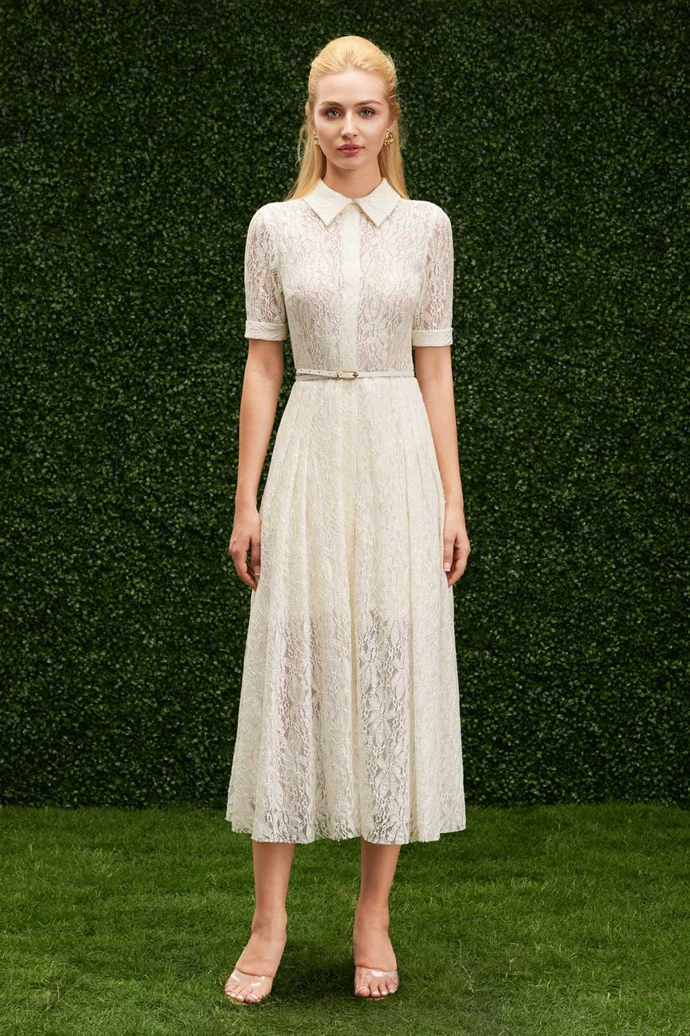 knee length dresses for ladies Women's Andrea A-Line Collared Neck Lace Midi Dress XS/S/M/L/Customize White Mean Blvd White / M