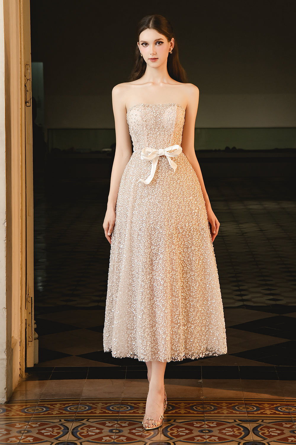 Women's Harding A-line Straight Across Neck Mesh Midi Dress S/M/L/Customize Beige Pearl MEAN BLVD Women's Harding A-line Straight Across Neck Mesh Midi Dress S/M/L/Customize Beige Pearl MEAN BLVD