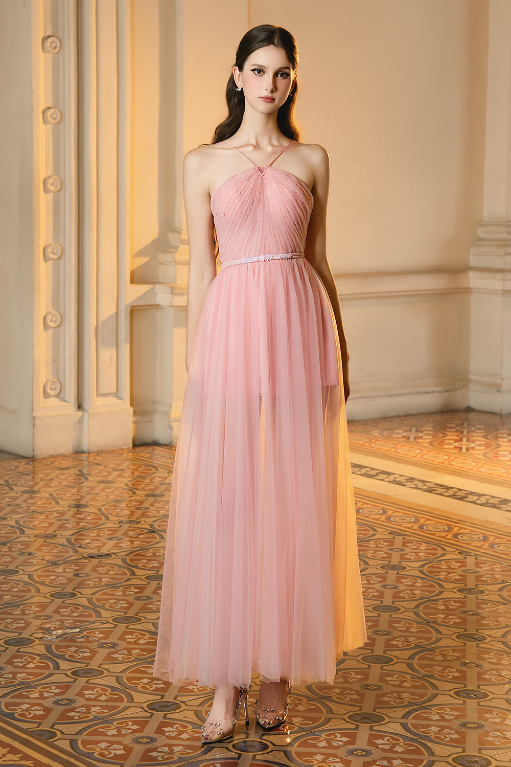 Women's Lucas A-line V-Neck Mesh Maxi Dress S/M/L/Customize Blush Pink/Blue Grey MEAN BLVD Women's Lucas A-line V-Neck Mesh Maxi Dress S/M/L/Customize Blush Pink/Blue Grey MEAN BLVD