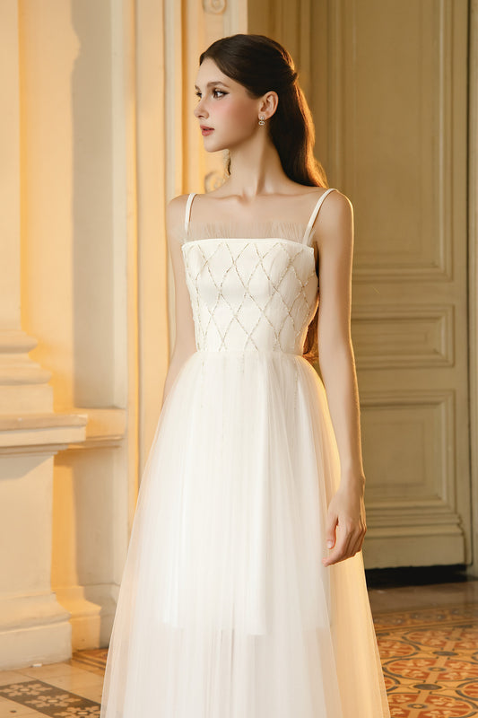 Shiloh A-line Square Neck Mesh Maxi Dress