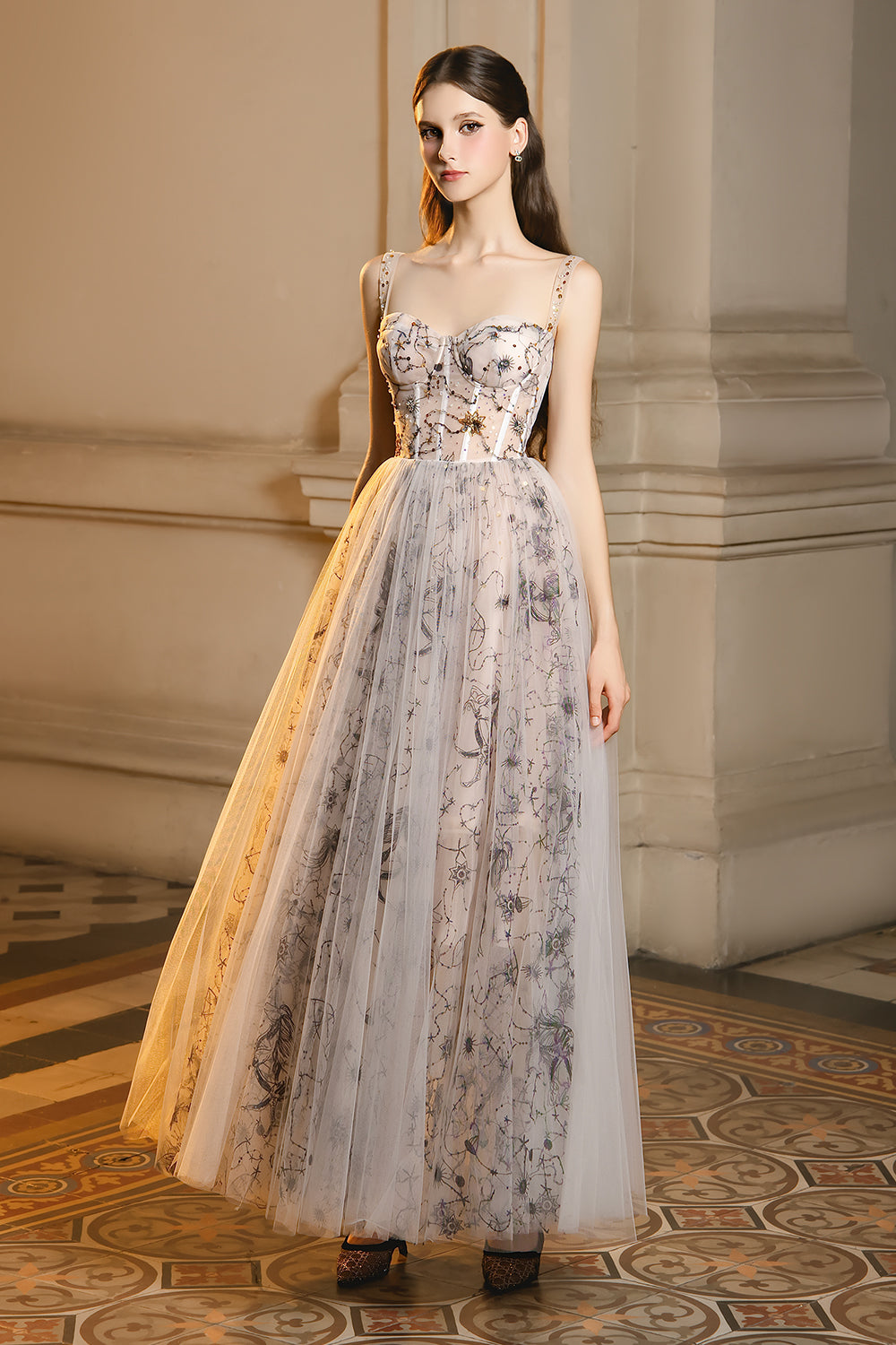 a line maxi evening dress Women's Liano A-line Embroidered Mesh Maxi Dress S/M/L/Customize Champagne  MEAN BLVD