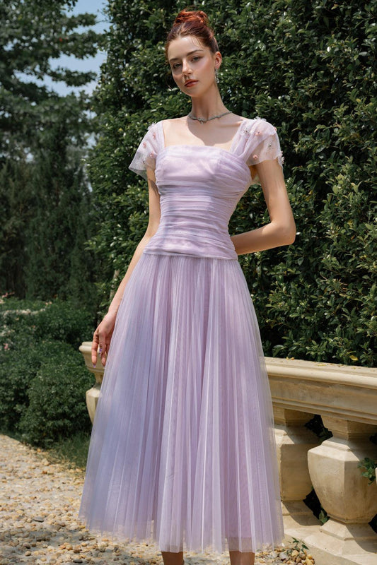 Angelic A-line Square Neck Tulle Ankle Length Dress - MEAN BLVD