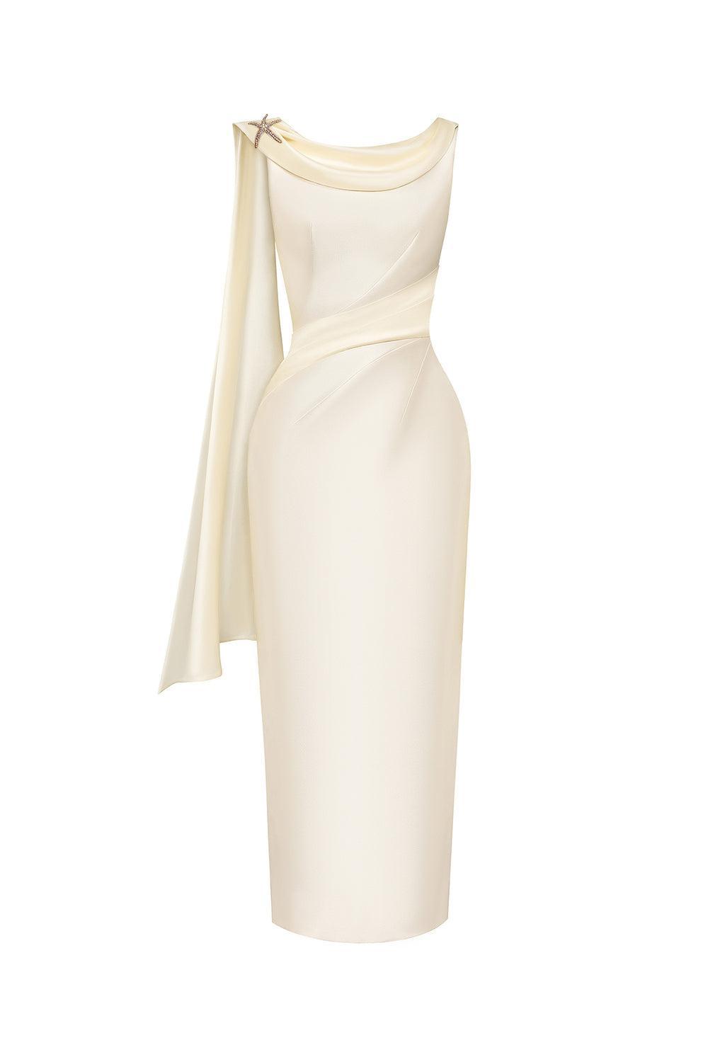 cowl neck white midi dress Women's Angelica Pegged Cowl Neck Taffeta Midi Dress S/M/L/XL/Customize  Beige MEAN BLVD