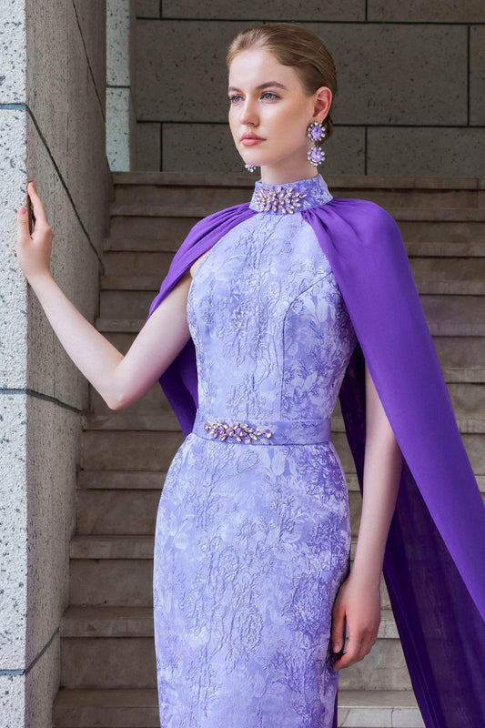 Aphrodite Cape High Neck Jacquard Floor Length Dress - MEAN BLVD