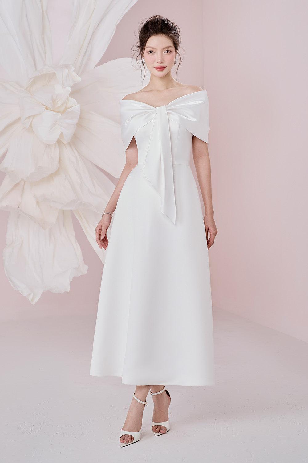 Women's Ariana A-Line Off-Shoulder Taffeta Cotton Ankle Length Dress S/M/L/Customize White Mean Blvd White / S