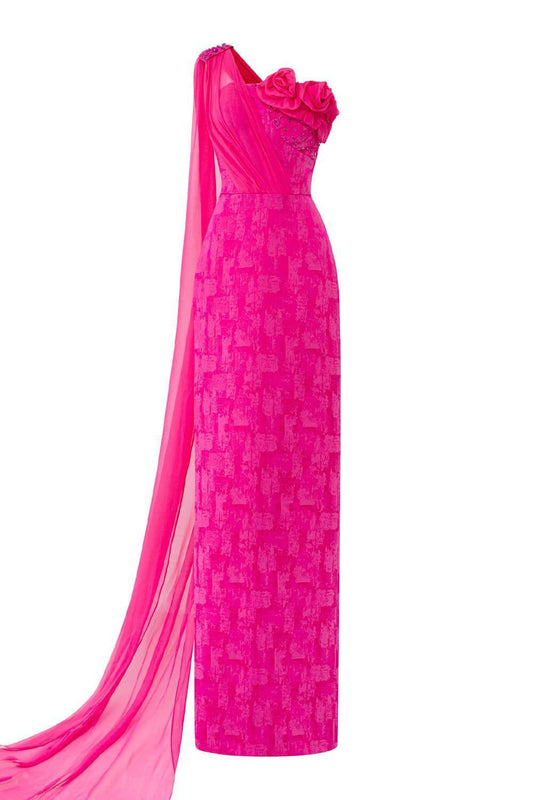 Aspira Pegged One Shoulder Brocade Floor Length Dress - MEAN BLVD