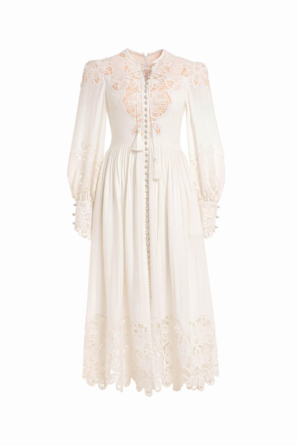 Women's Atonia Gypsy Bishop Sleeved Linen Silk Midi Dress S/M/L White MEAN BLVD M / White