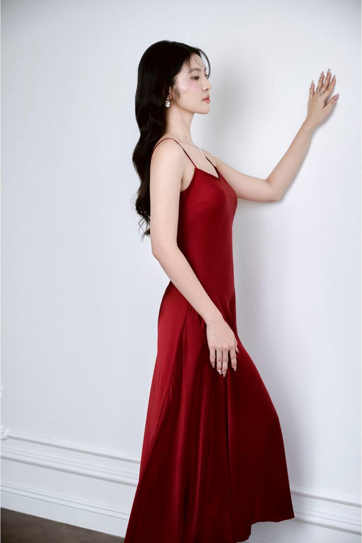 Audrey Asymmetric Scoop Neck Mulberry Silk Ankle Length Dress - MEAN BLVD