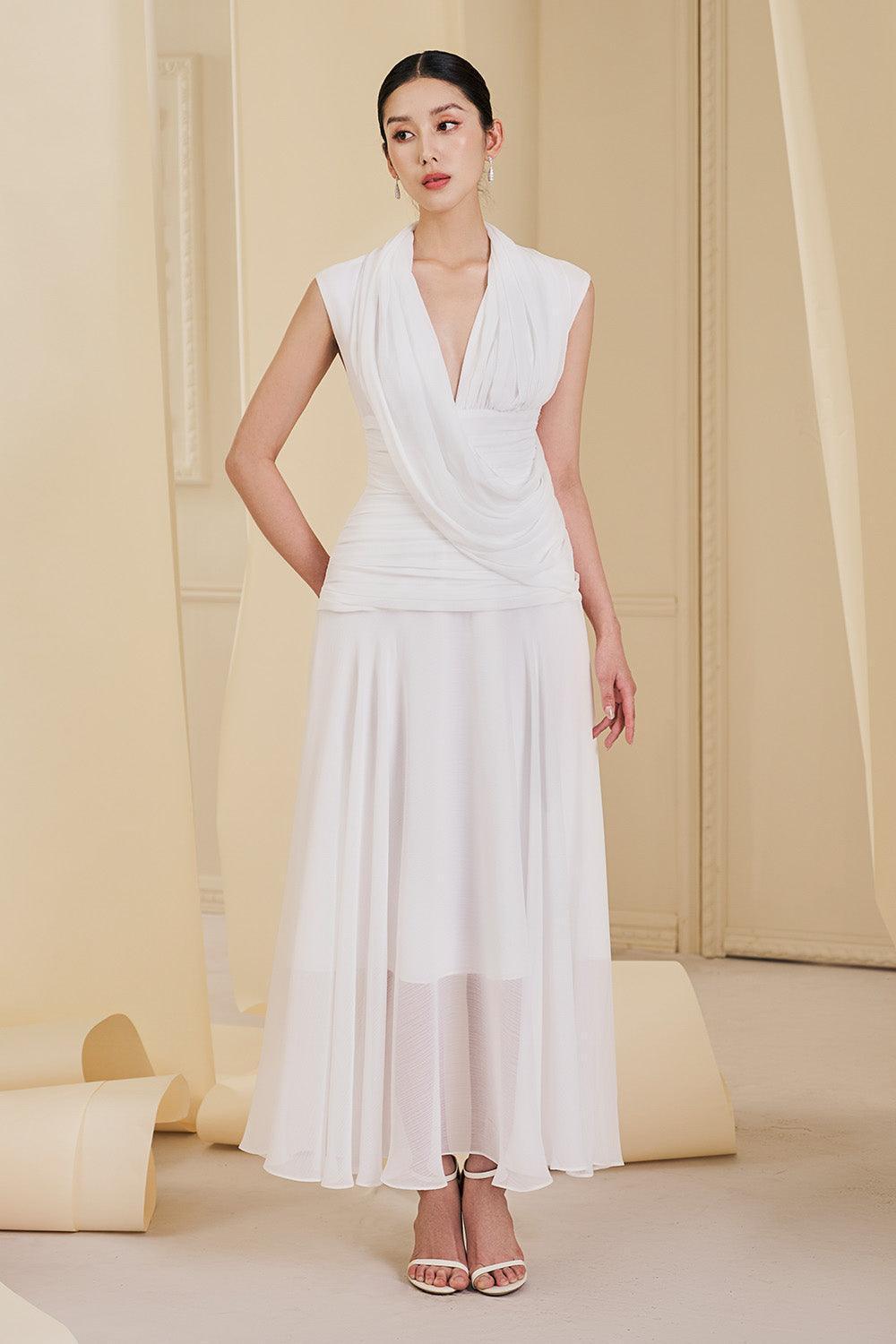 aurelia satin v-neck midi dress Women's Aurelia Gathered V-Neck Tulle Ankle Length Dress S/M/L White MEAN BLVD White / L